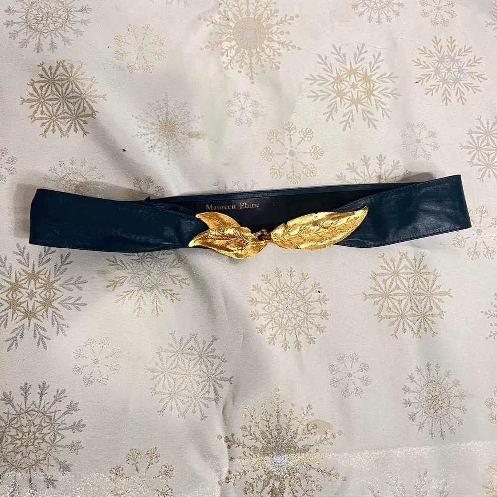 Vintage Maureen Elaine Gold-Tone Leaves Green Leather Belt Size L